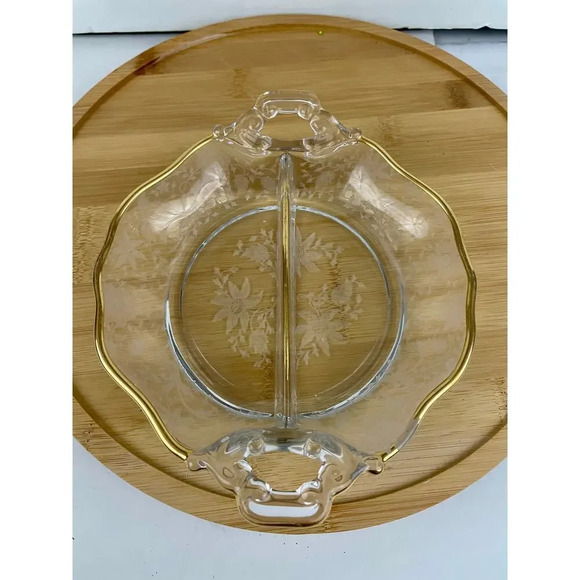 VTG Cambridge Divided Handled Relish Glass Dish Wildflower Clear Gold Trim - Picture 6 of 10